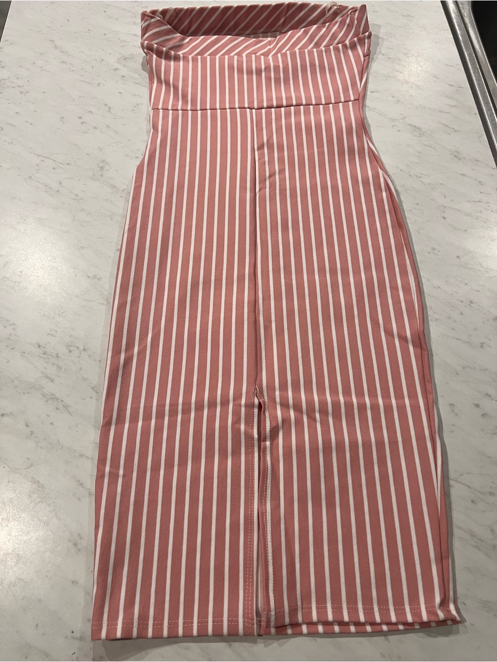 Fashion Nova Strapless Pink and White Vertical Stripe Pencil Dress
